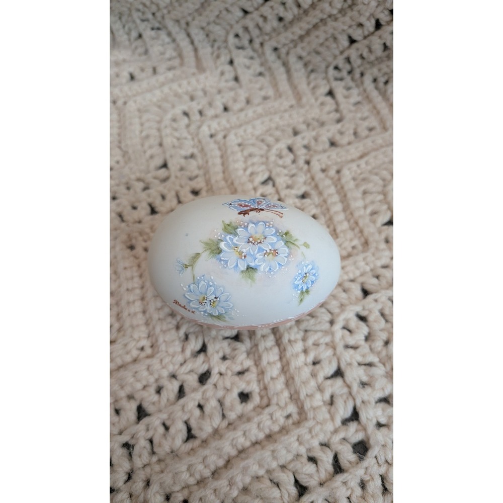 Vintage Hand Painted Floral Butterfly Decorative Egg Signed Gladys N Blue Pink
